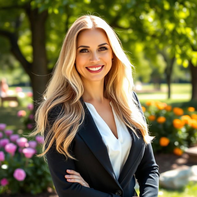 A 35-year-old woman with long, flowing blonde hair, wearing a stylish and elegant outfit, standing confidently in a bright outdoor setting