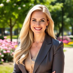 A 35-year-old woman with long, flowing blonde hair, wearing a stylish and elegant outfit, standing confidently in a bright outdoor setting
