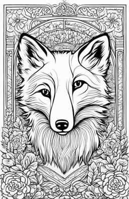 A Wes Anderson-inspired fox in a whimsical setting on a colouring book page.