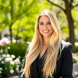 A 35-year-old woman with long, flowing blonde hair, wearing a stylish and elegant outfit, standing confidently in a bright outdoor setting