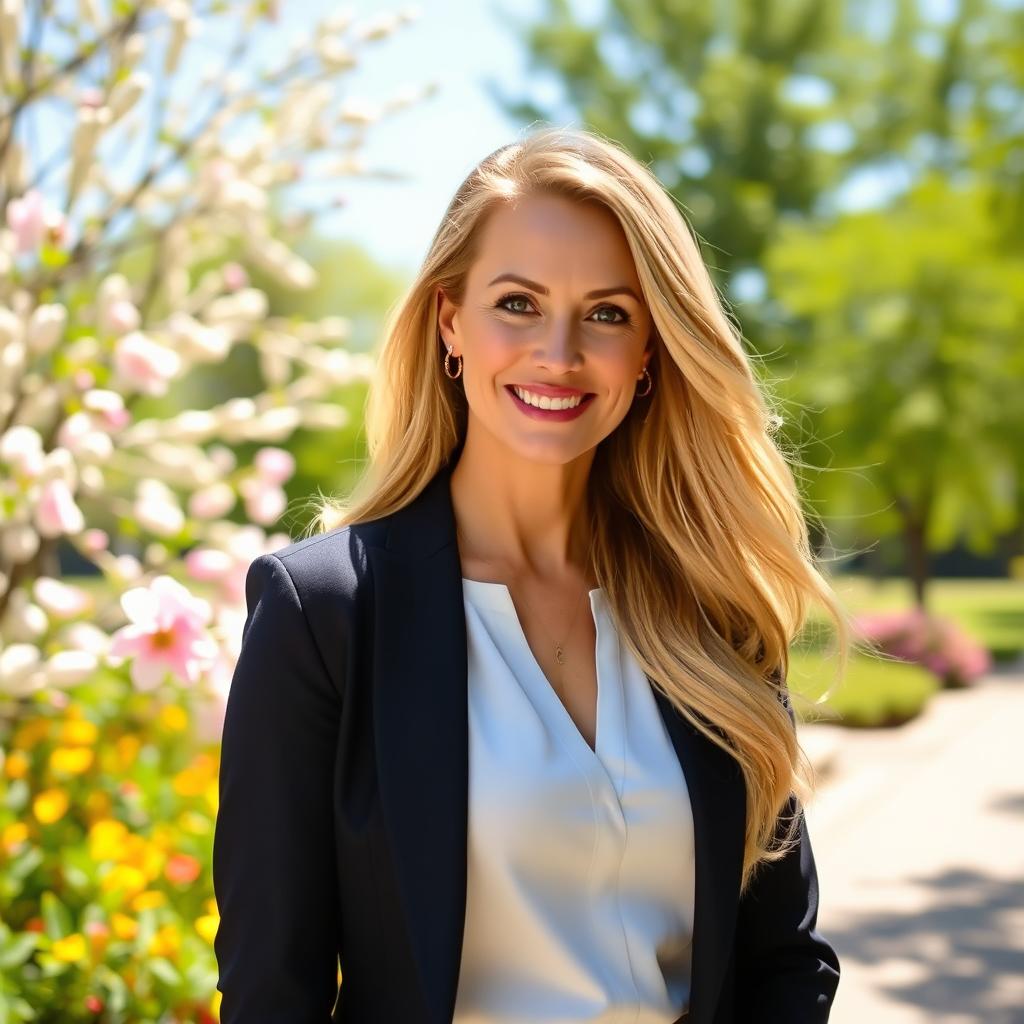 A 35-year-old woman with long, flowing blonde hair, wearing a stylish and elegant outfit, standing confidently in a bright outdoor setting