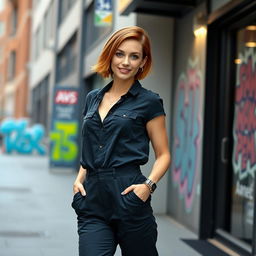A charming 35-year-old Danish woman with short chestnut hair and bright green eyes