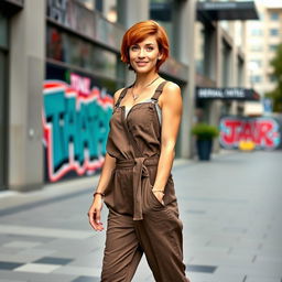 A charming 35-year-old Danish woman with short chestnut hair and bright green eyes