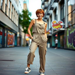 A charming 35-year-old Danish woman with short chestnut hair and bright green eyes