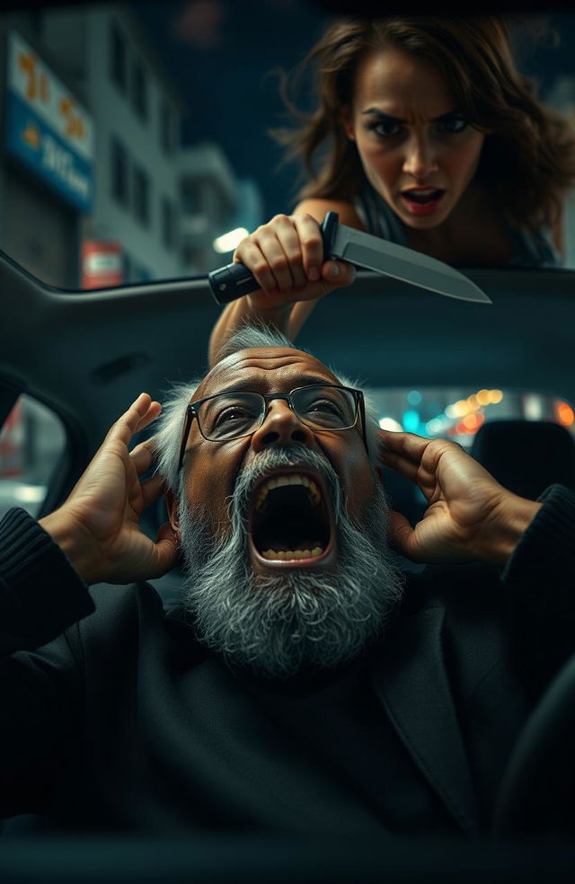 An elderly black man with a gray beard and spectacles is screaming in fear, pressing his hands to his ears