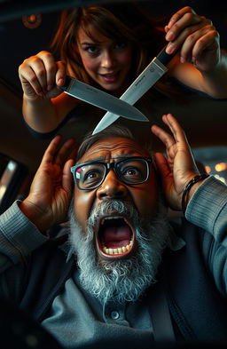 An elderly black man with a gray beard and spectacles is screaming in fear, pressing his hands to his ears