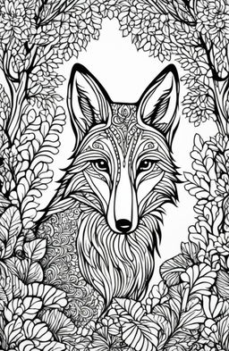 An intricate fox in a detailed forest setting on an adult colouring book page.