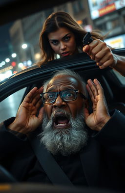 An elderly black man with a gray beard and spectacles is screaming in fear, pressing his hands to his ears