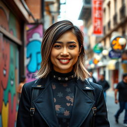 A 35-year-old woman of mixed ethnicity, showcasing a harmonious blend of features from various cultures
