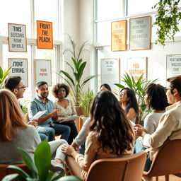 A serene and inspiring personal development scene featuring a diverse group of adults engaged in a motivational workshop