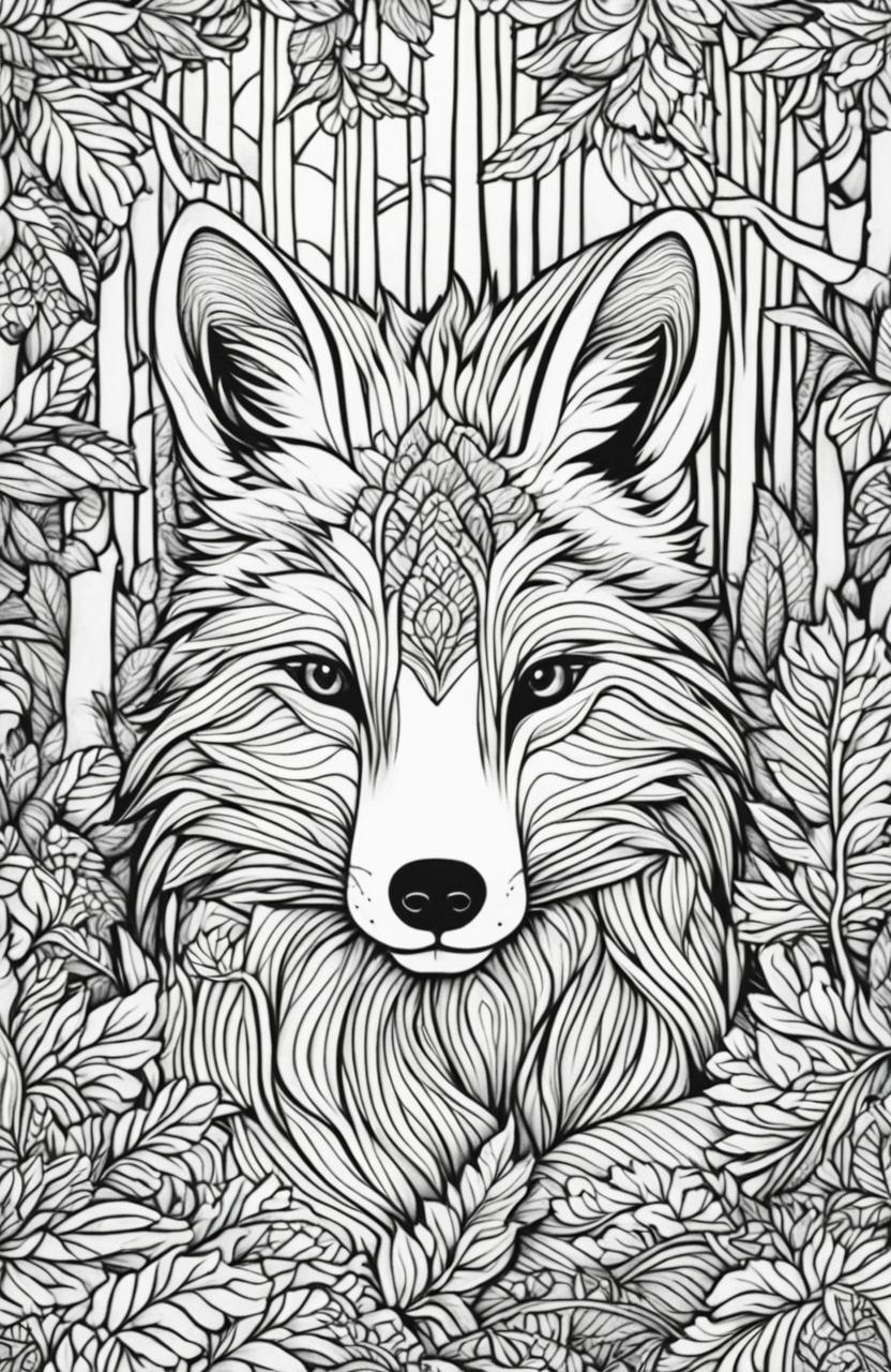 An intricate fox in a detailed forest setting on an adult colouring book page.