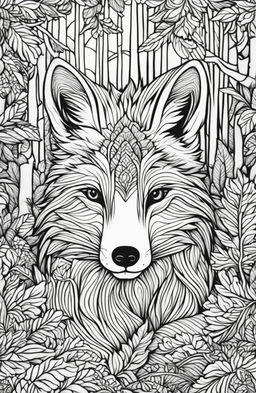 An intricate fox in a detailed forest setting on an adult colouring book page.