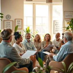 A serene and inspiring personal development scene featuring a diverse group of adults engaged in a motivational workshop