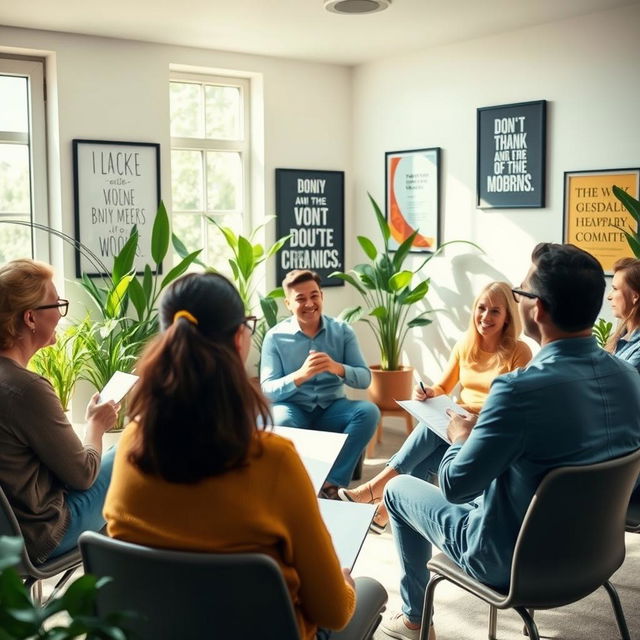 A serene and inspiring personal development scene featuring a diverse group of adults engaged in a motivational workshop