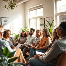 A serene and inspiring personal development scene featuring a diverse group of adults engaged in a motivational workshop
