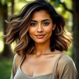 A 35-year-old woman of mixed ethnicity, embodying natural beauty with minimal makeup