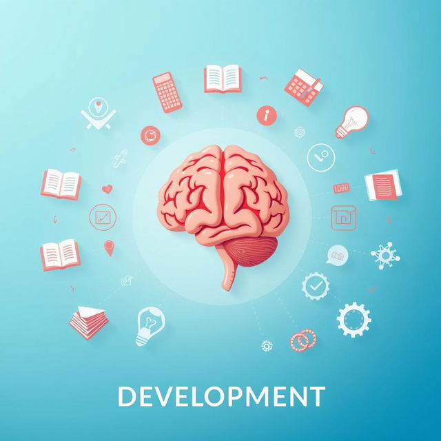 An artistic representation of personal development featuring a detailed brain illustration in the center, symbolizing growth and intelligence