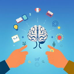 An artistic representation of personal development featuring a detailed brain illustration in the center, symbolizing growth and intelligence