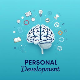 An artistic representation of personal development featuring a detailed brain illustration in the center, symbolizing growth and intelligence