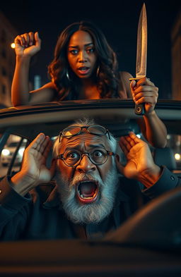 An elderly black man with a bushy beard and round spectacles, expressing sheer terror as he screams with his hands clamped over his ears