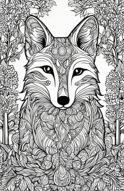 An intricate fox in a detailed forest setting on an adult colouring book page.