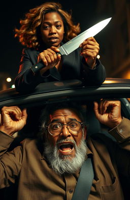 An elderly black man with a bushy beard and round spectacles, expressing sheer terror as he screams with his hands clamped over his ears