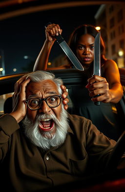 An elderly black man with a bushy beard and round spectacles, expressing sheer terror as he screams with his hands clamped over his ears