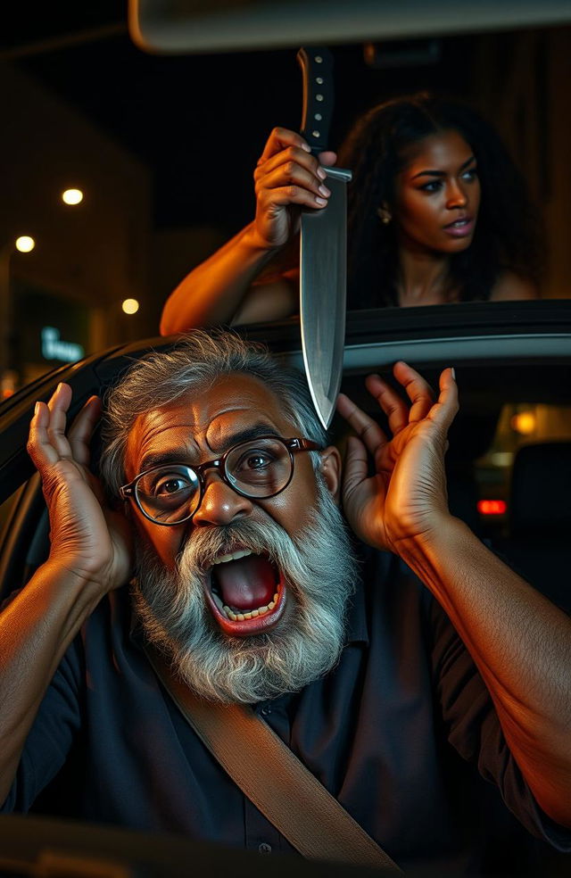 An elderly black man with a bushy beard and round spectacles, expressing sheer terror as he screams with his hands clamped over his ears