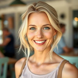 A 35-year-old Danish woman with light blonde hair, styled naturally, and sporting light, natural makeup that enhances her friendly smile
