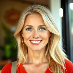 A 35-year-old Danish woman with light blonde hair, styled naturally, and sporting light, natural makeup that enhances her friendly smile