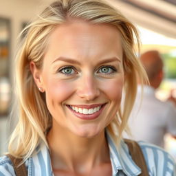A 35-year-old Danish woman with light blonde hair, styled naturally, and sporting light, natural makeup that enhances her friendly smile