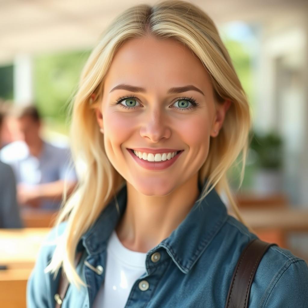 A 35-year-old Danish woman with light blonde hair, styled naturally, and sporting light, natural makeup that enhances her friendly smile