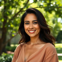 A 40-year-old woman of mixed ethnicity, portraying natural beauty with soft features and a warm smile, set against a serene outdoor background with lush greenery