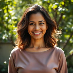 A 40-year-old woman of mixed ethnicity, portraying natural beauty with soft features and a warm smile, set against a serene outdoor background with lush greenery