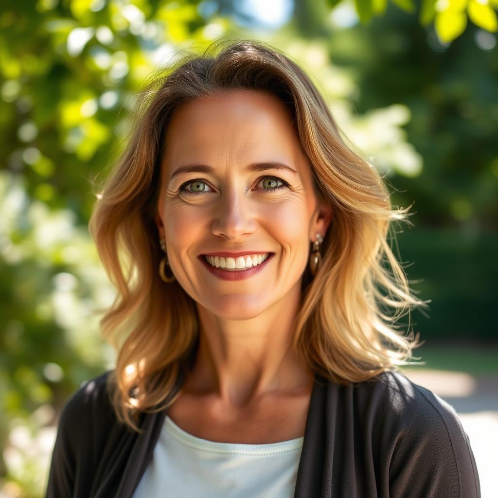 A 40-year-old woman of mixed ethnicity, portraying natural beauty with soft features and a warm smile, set against a serene outdoor background with lush greenery