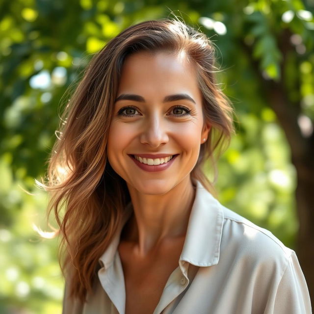 A 40-year-old woman of mixed ethnicity, portraying natural beauty with soft features and a warm smile, set against a serene outdoor background with lush greenery