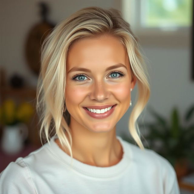 A beautiful 35-year-old Danish woman with light blonde hair styled softly, featuring a gentle makeup application that accentuates her natural beauty