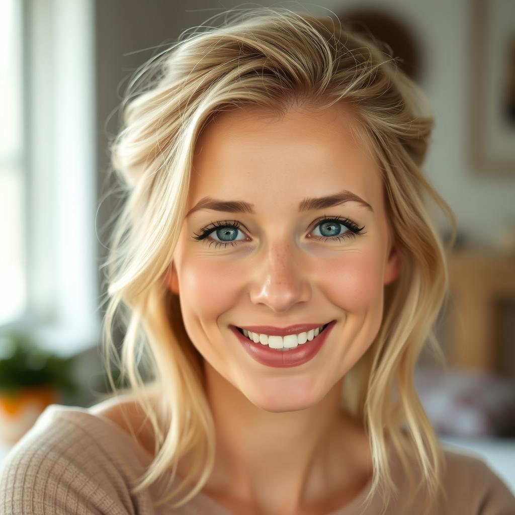 A beautiful 35-year-old Danish woman with light blonde hair styled softly, featuring a gentle makeup application that accentuates her natural beauty