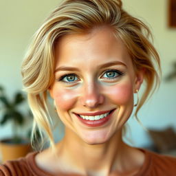 A beautiful 35-year-old Danish woman with light blonde hair styled softly, featuring a gentle makeup application that accentuates her natural beauty