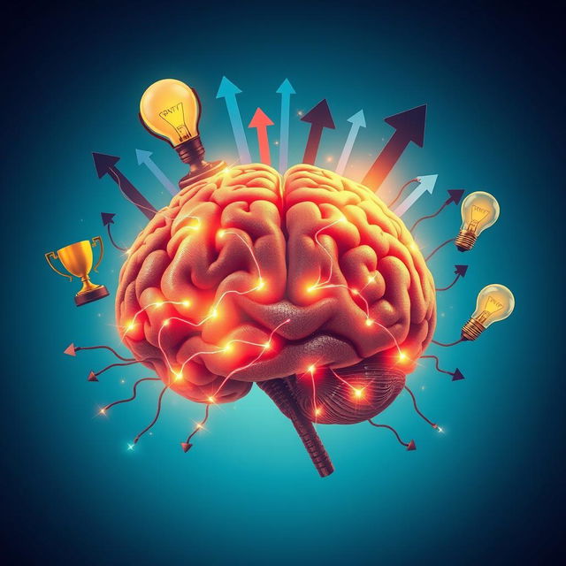 A captivating image illustrating the theme 'thinking to win,' showcasing an intricate brain in the foreground, glowing with vibrant energy and electric connections