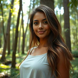 A 37-year-old woman from Latin America, showcasing her natural beauty in a serene forest setting