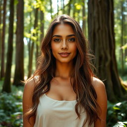 A 37-year-old woman from Latin America, showcasing her natural beauty in a serene forest setting