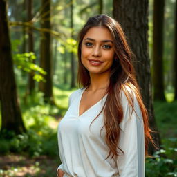 A 37-year-old woman from Latin America, showcasing her natural beauty in a serene forest setting