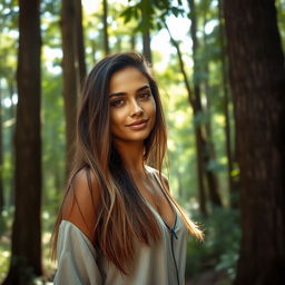 A 37-year-old woman from Latin America, showcasing her natural beauty in a serene forest setting