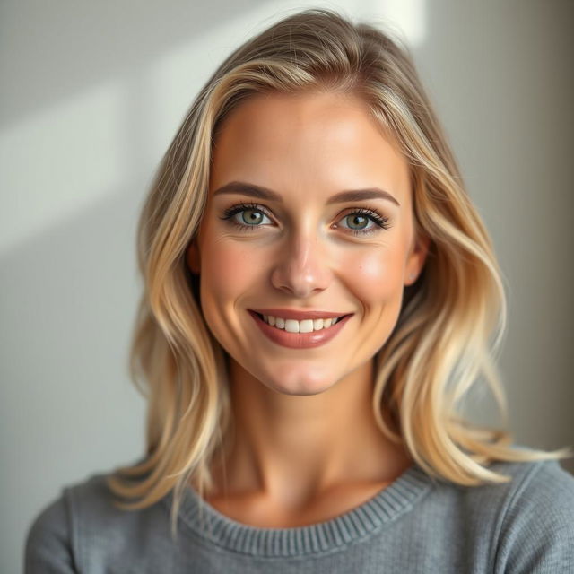 A portrait of a beautiful 35-year-old woman from Denmark with light blonde hair, gentle makeup emphasizing her warm smile, and freckles on her cheeks