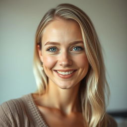 A portrait of a beautiful 35-year-old woman from Denmark with light blonde hair, gentle makeup emphasizing her warm smile, and freckles on her cheeks
