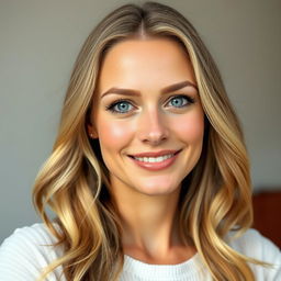 A portrait of a beautiful 35-year-old woman from Denmark with light blonde hair, gentle makeup emphasizing her warm smile, and freckles on her cheeks