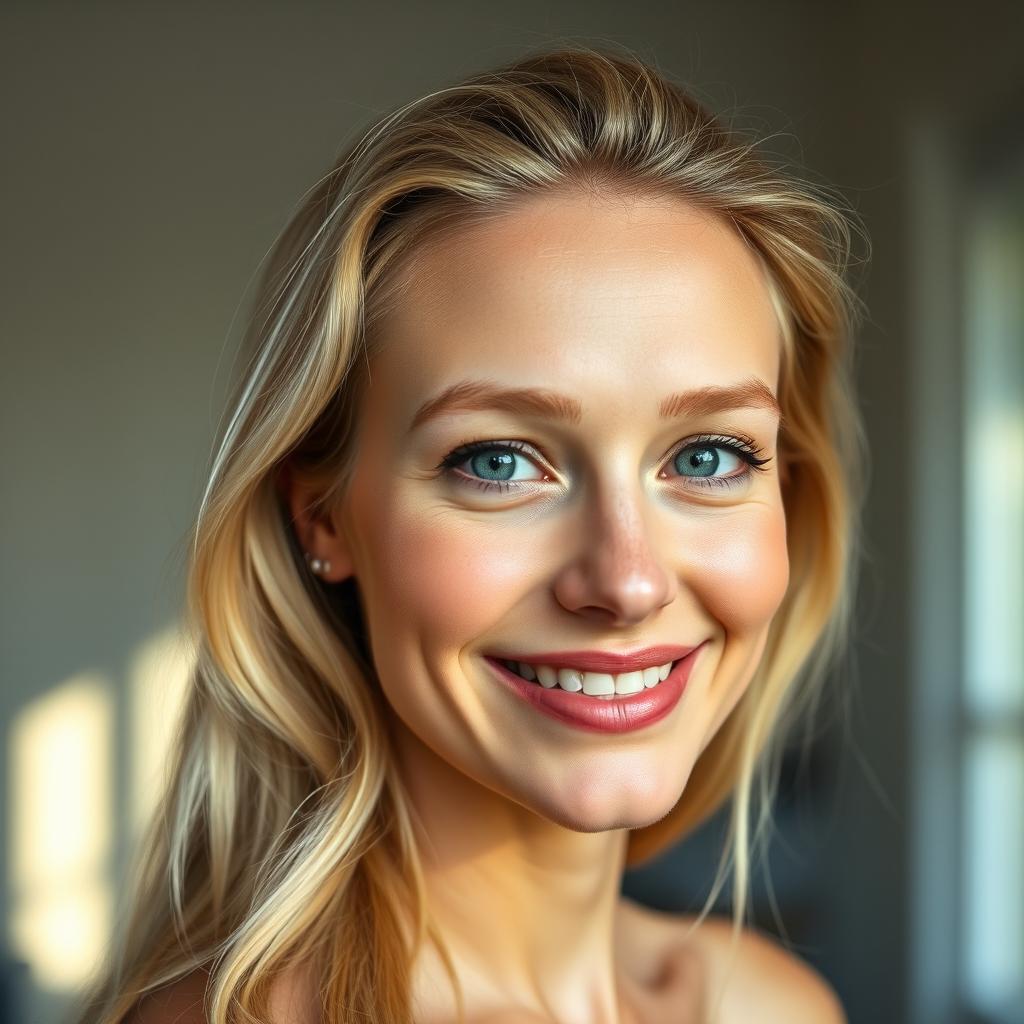 A portrait of a beautiful 35-year-old woman from Denmark with light blonde hair, gentle makeup emphasizing her warm smile, and freckles on her cheeks