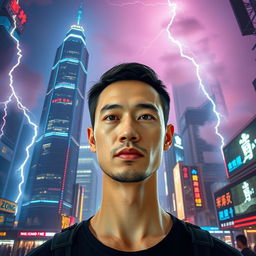 A futuristic version of Hong Kong featuring towering skyscrapers illuminated with vibrant blue and red lights, surrounded by dramatic lightning strikes and swirling smoke