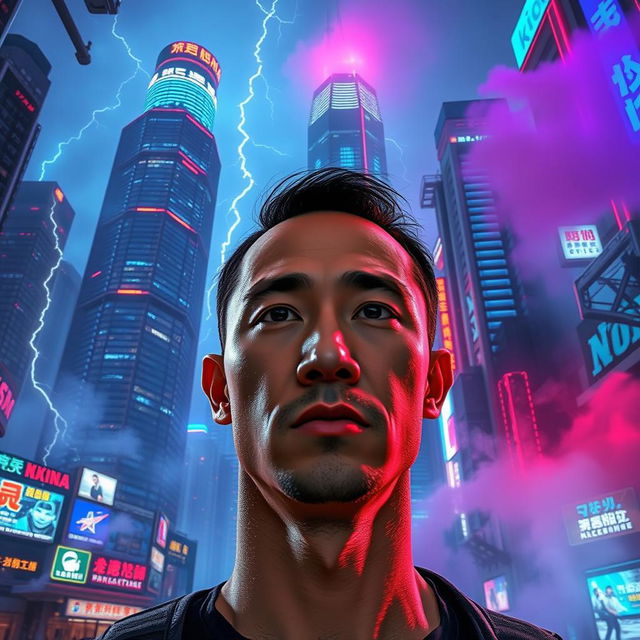 A futuristic version of Hong Kong featuring towering skyscrapers illuminated with vibrant blue and red lights, surrounded by dramatic lightning strikes and swirling smoke